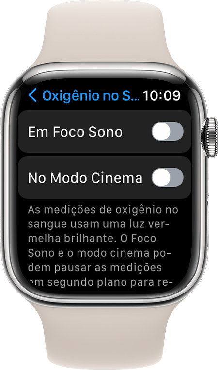 Uma captura de tela dos ajustes do app Oxigênio no Sangue em um Apple Watch Series 7.