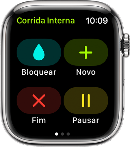 Opções Bloquear, Novo, Fim e Pausar durante um treino Corrida Interna no Apple Watch.