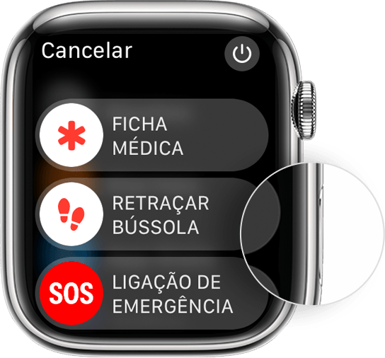 Apple Watch mostrando a localização do botão lateral e o controle deslizante Desligar.