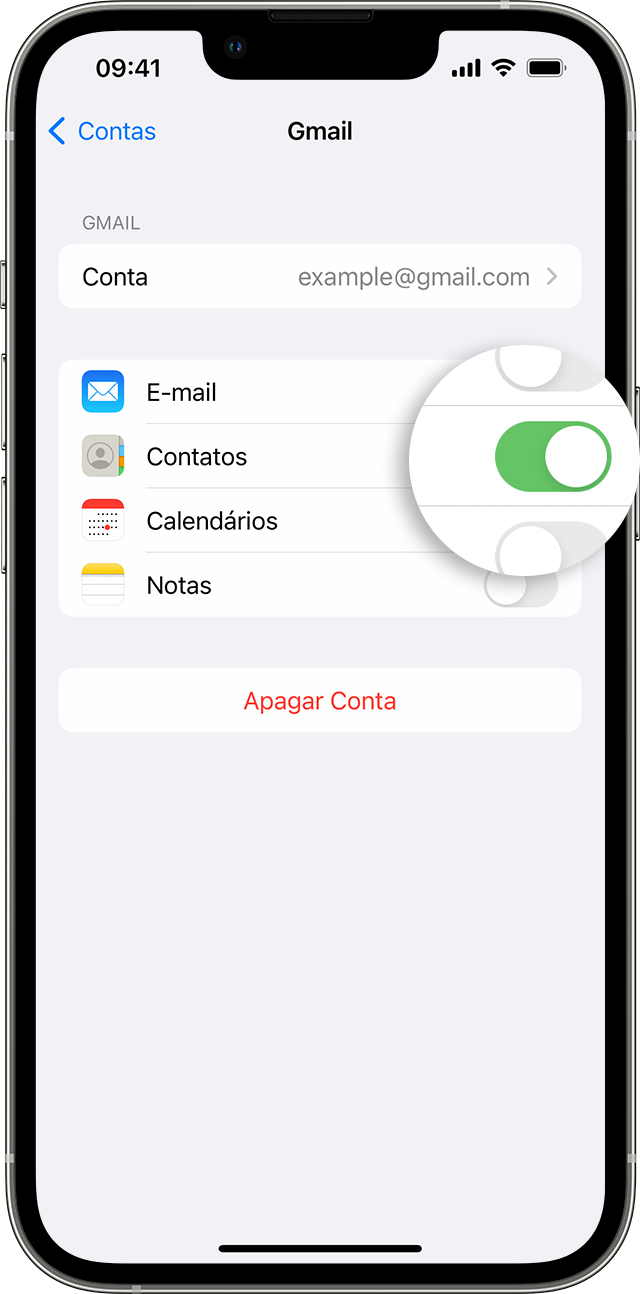 Tela do iPhone mostrando como ativar Contatos para a conta do Gmail