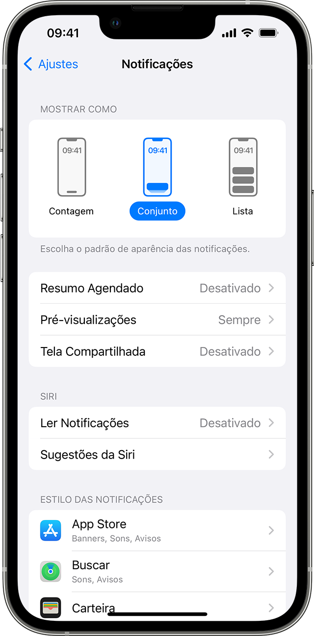 Um iPhone mostrando os ajustes Notificações com a opção de exibição Conjunto selecionada.
