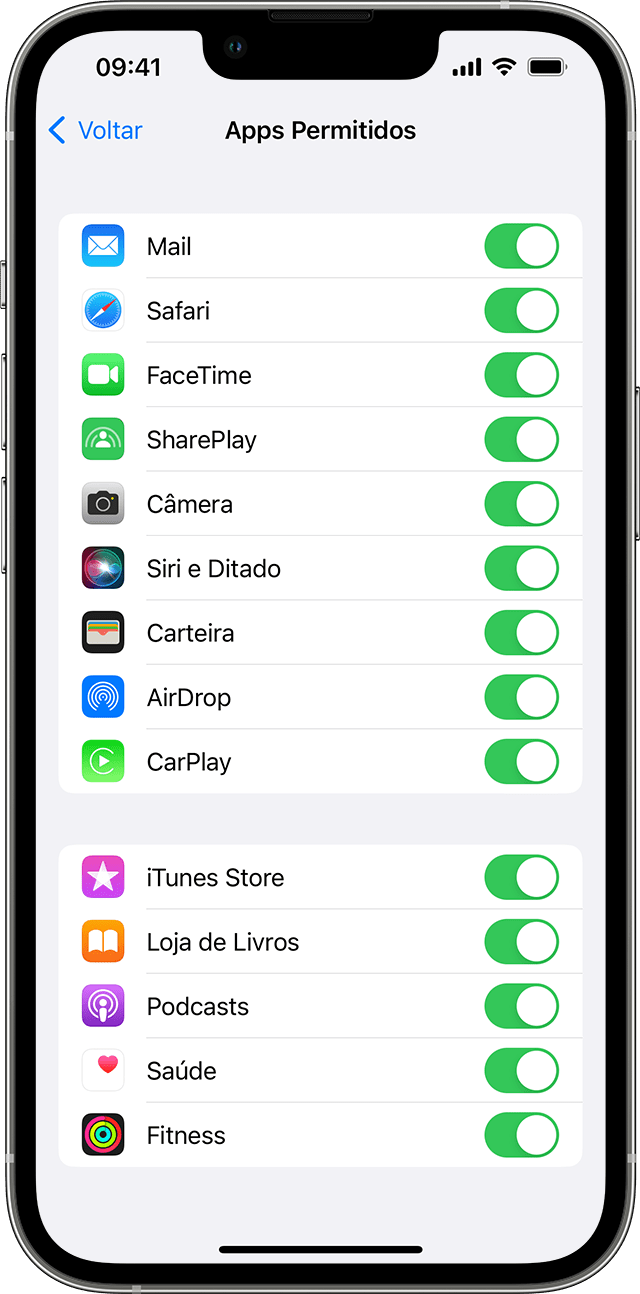 Um iPhone mostrando a tela Apps Permitidos. Os apps selecionados têm a alternância ativada.