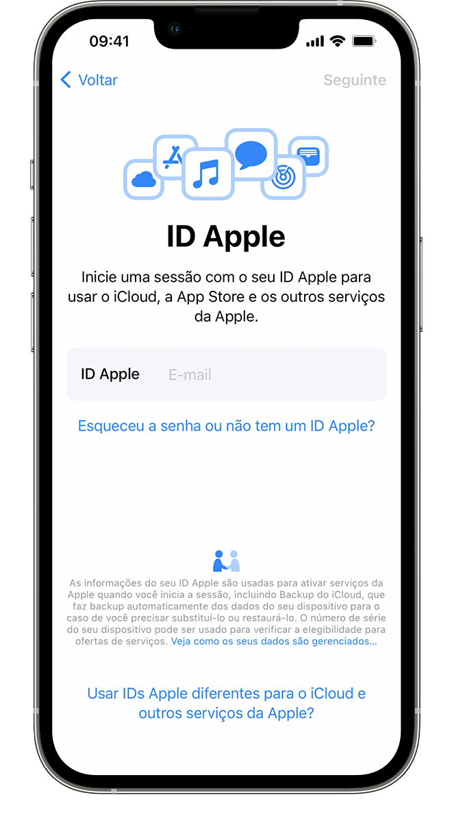 Um novo iPhone mostrando a tela do ID Apple, na qual você pode iniciar sessão com o ID Apple e senha.