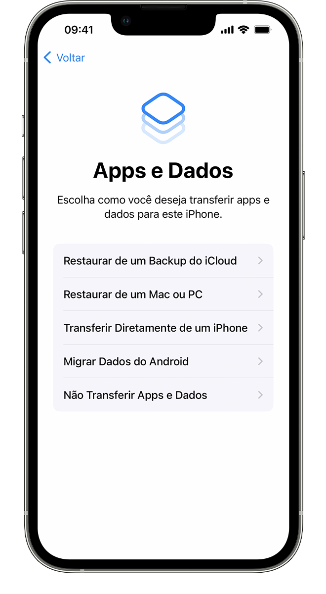 Um novo iPhone mostrando a tela Apps e Dados, na qual você pode selecionar como deseja transferir os dados para o dispositivo.