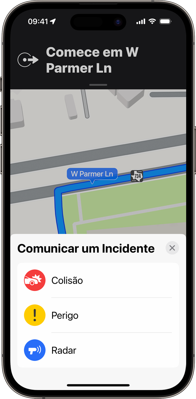 Você pode relatar um incidente enquanto usa as instruções passo a passo no Mapas do iPhone.