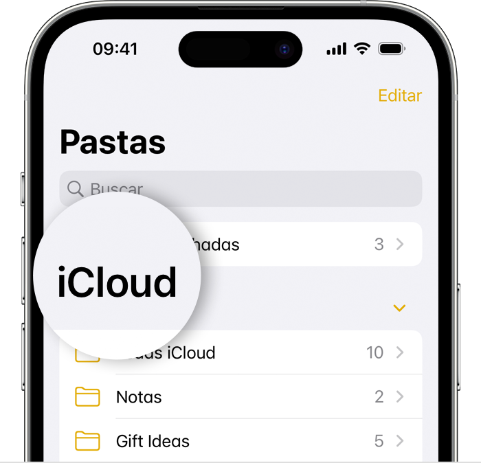 iPhone mostrando a tela Pastas no app Notas com ênfase na pasta iCloud