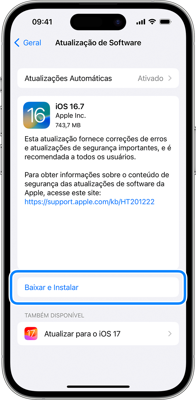 Um iPhone mostrando a opção de baixar e instalar a atualização