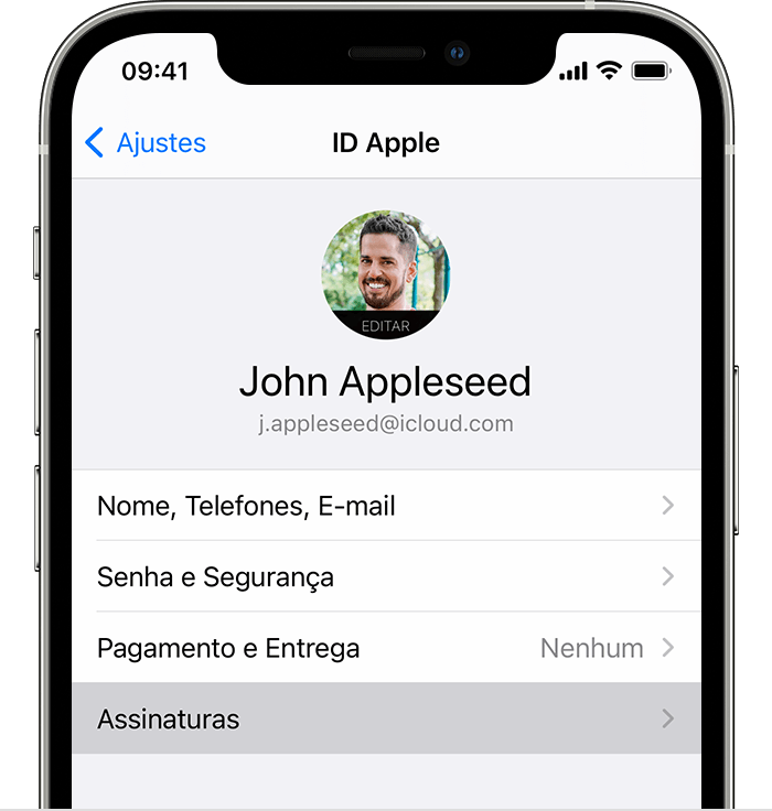 iPhone mostrando a opção do menu Assinaturas em Ajustes.