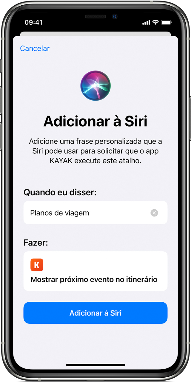 Atalho do app Kayak sendo adicionado à Siri com o botão 