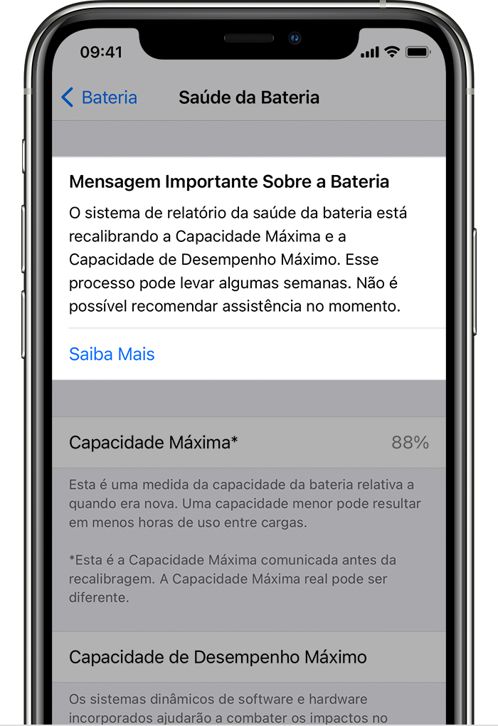 Sobre a recalibragem do sistema de relatório da saúde da bateria no iOS  14.5 - Suporte da Apple (BR)