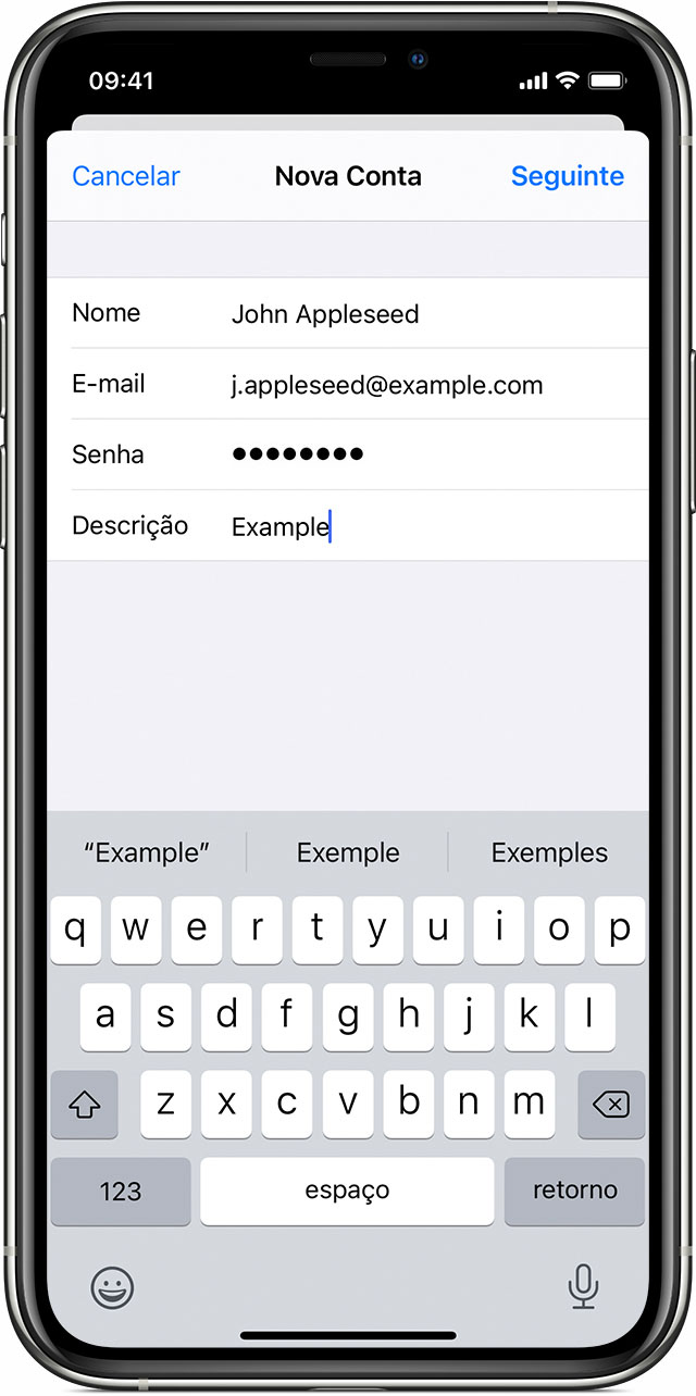 iPhone mostrando como adicionar uma conta de e-mail manualmente