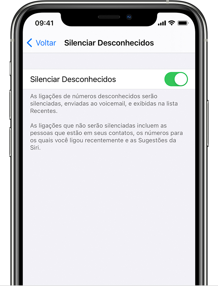 iPhone mostrando como ativar o recurso Silenciar Desconhecidos