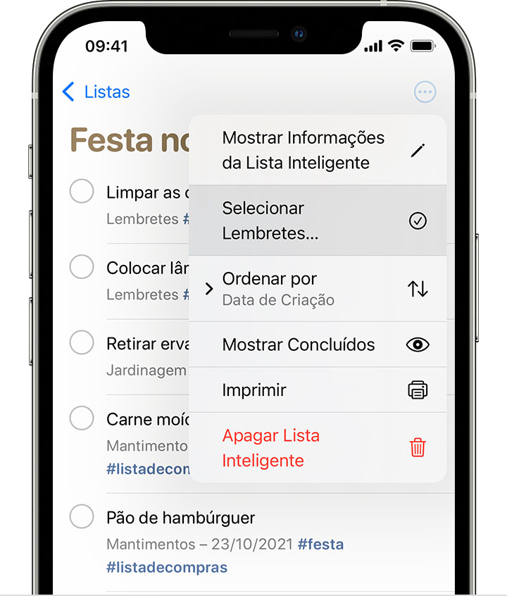 Um iPhone mostrando uma lista de Lembretes com o menu aberto depois de selecionar o botão Mais. Selecionar Lembretes está em destaque no menu.