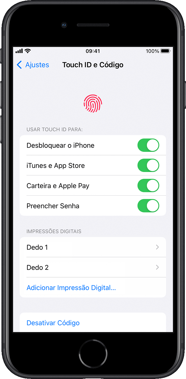 Em Ajustes, um usuário escolhe quais recursos do iPhone ativar com o Touch ID