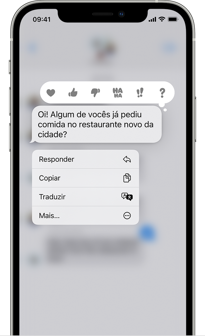 iPhone exibindo o menu de resposta direta depois que você mantém pressionado um balão de mensagem para enviar uma resposta direta.