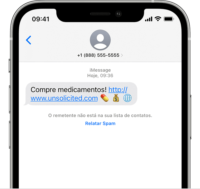 iPhone mostrando como relatar spam no app Mensagens