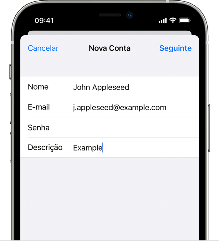 Tela do iPhone mostrando como configurar uma conta de e-mail manualmente