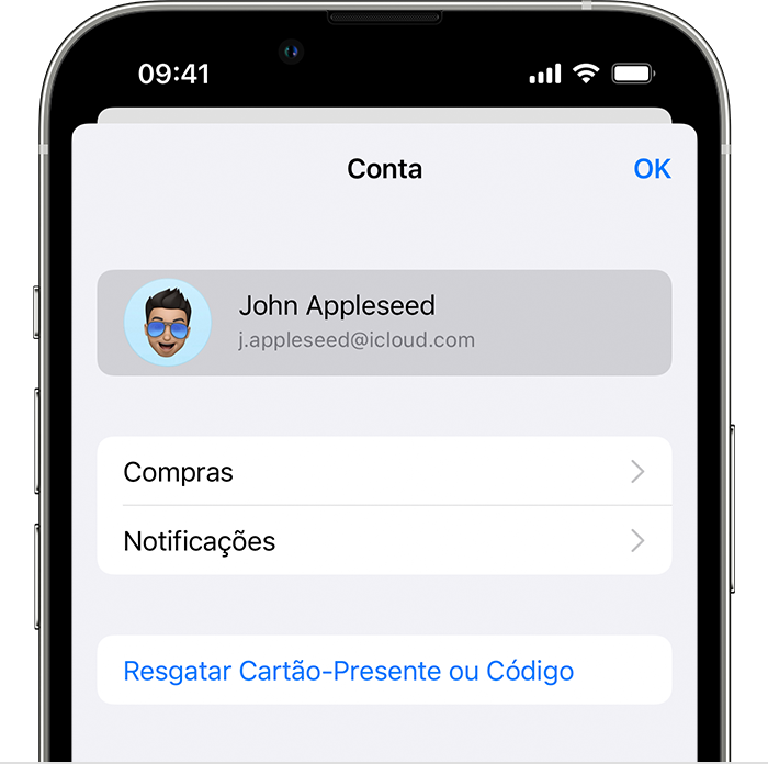 iPhone mostrando o menu Conta com o ID Apple de John Appleseed selecionado.