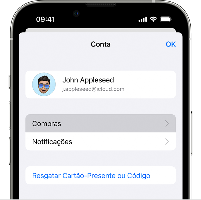 iPhone mostrando a opção Compras no menu Conta.