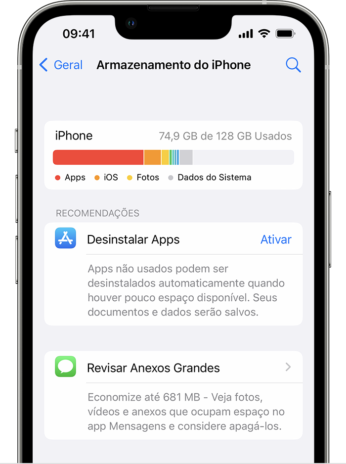 Tela mostrando o armazenamento do iPhone