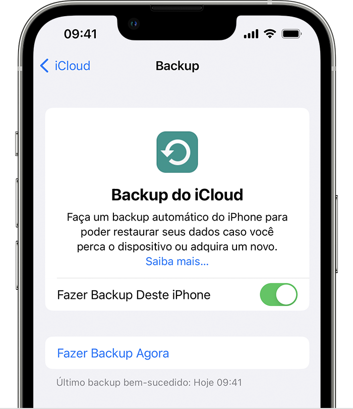iPhone mostrando a tela em Ajustes > [seu nome] > iCloud > Backup do iCloud. O botão para ativar ou desativar o Backup do iCloud está indicando a opção como ativada.