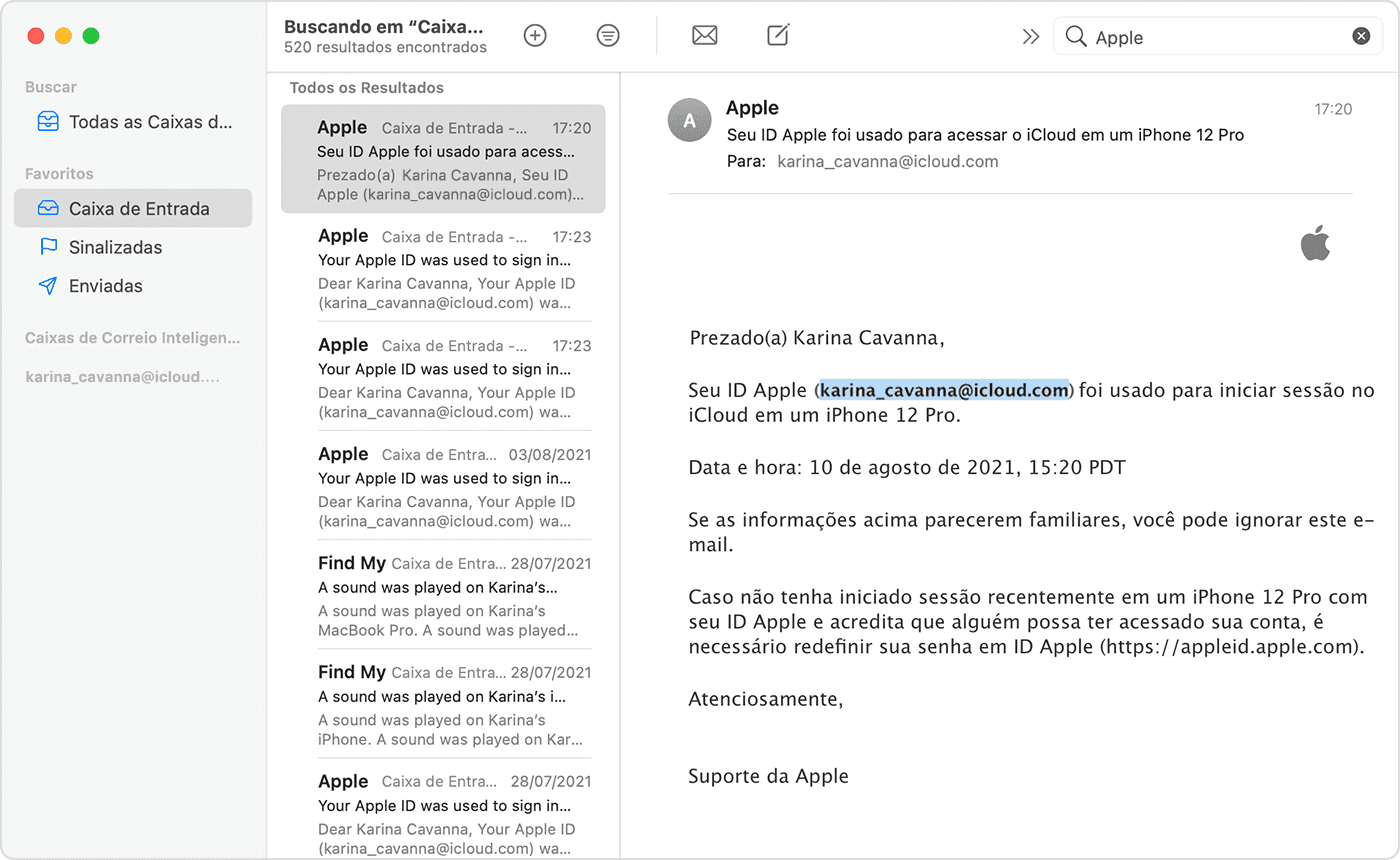 Em alguns e-mails da Apple, o e-mail pode incluir seu ID Apple. Aqui está entre parênteses e destacado.