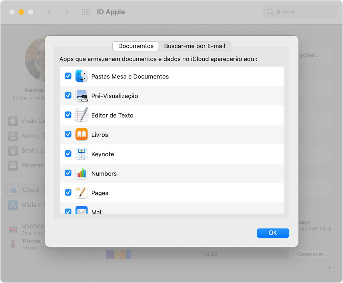 Tela Opções do iCloud Drive em um Mac mostrando a opção 