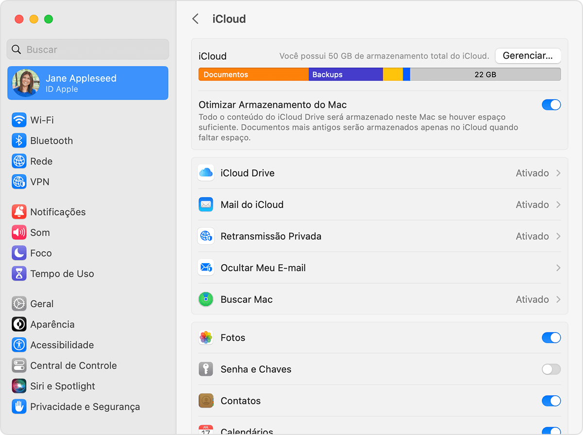 A seção superior mostra a quantidade disponível de armazenamento do iCloud.