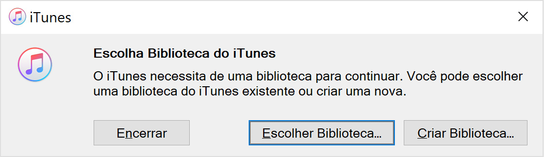 Mensagem do iTunes mostrando a opção Escolher Biblioteca selecionada