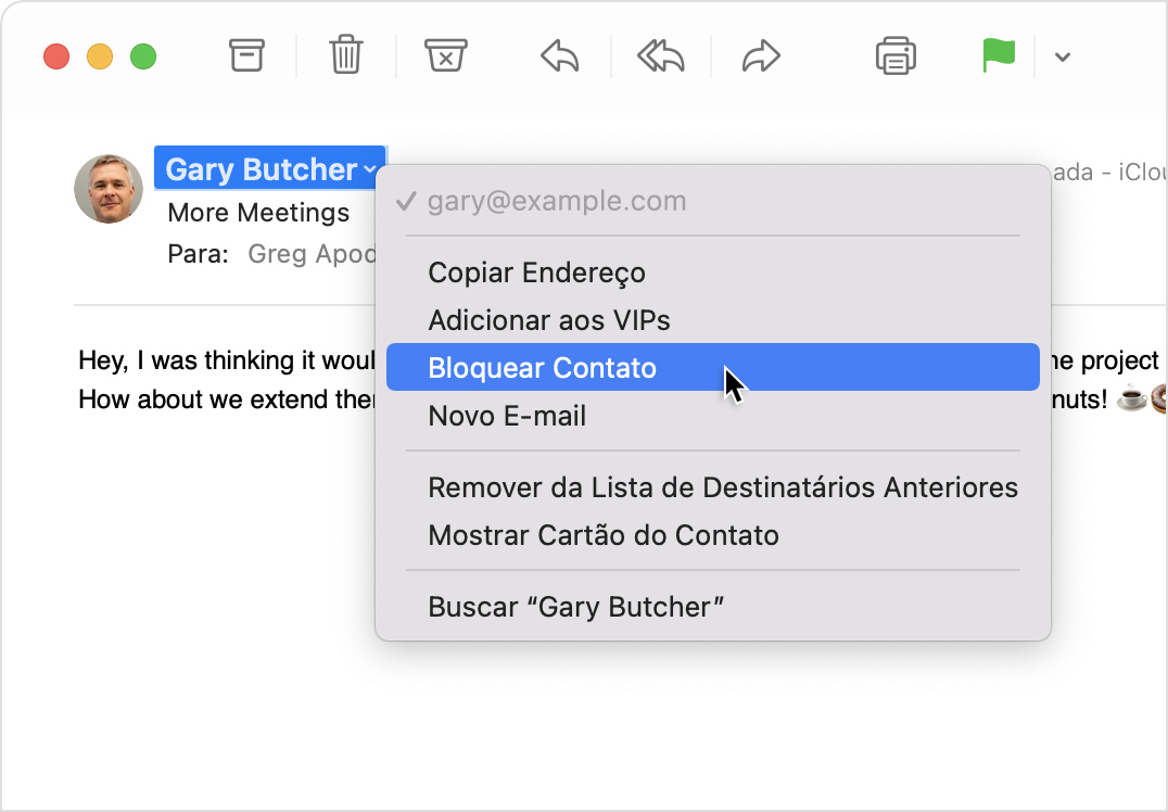 Menu de remetente do Mail no macOS com a opção Bloquear Contato selecionada