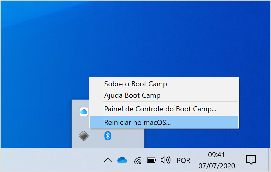Menu do Boot Camp no Windows 10