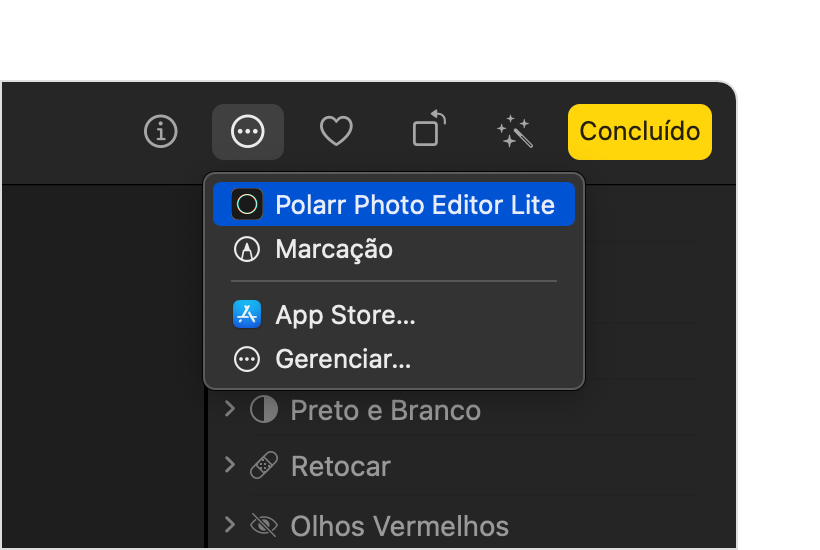 App Fotos no Mac mostrando a extensão de terceiros sendo escolhida