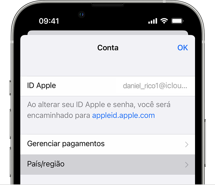 iPhone mostrando a opção País/região nos ajustes Conta.