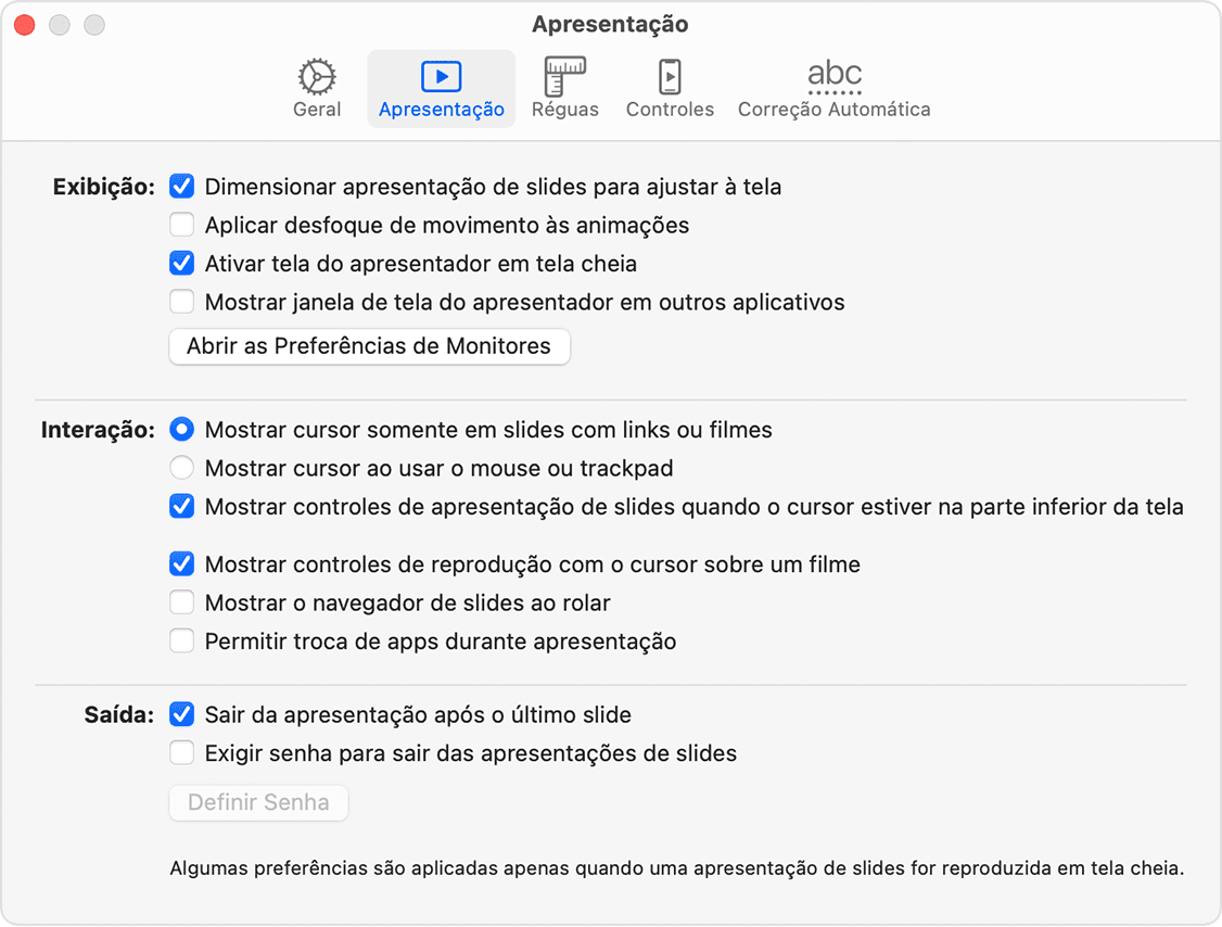 Janela Preferências de Apresentação de Slides do Keynote