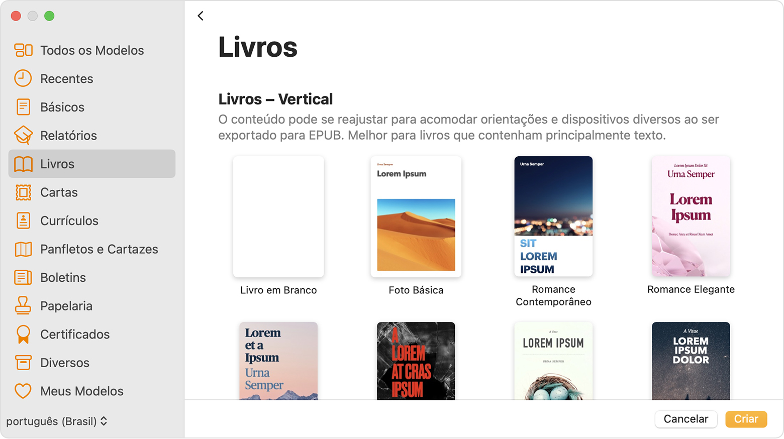 Janela de seleção de modelo de Livros no Pages