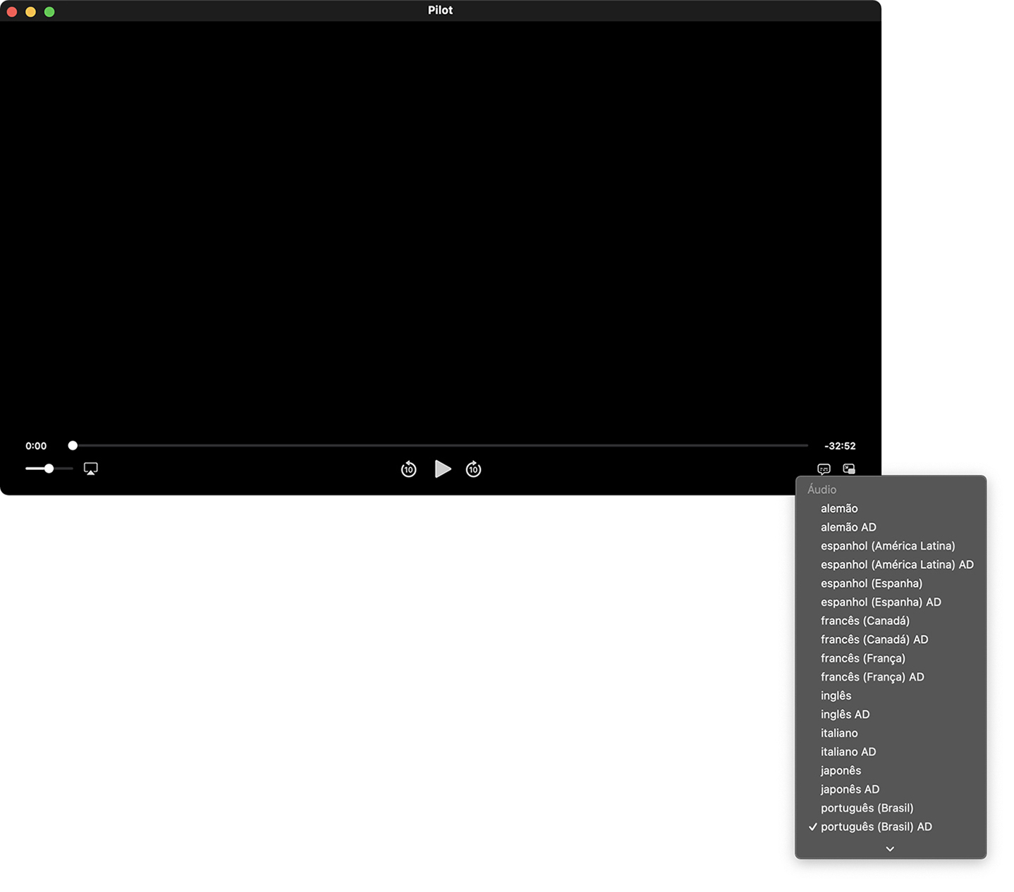 Reprodutor do app TV com o menu Descrições aberto