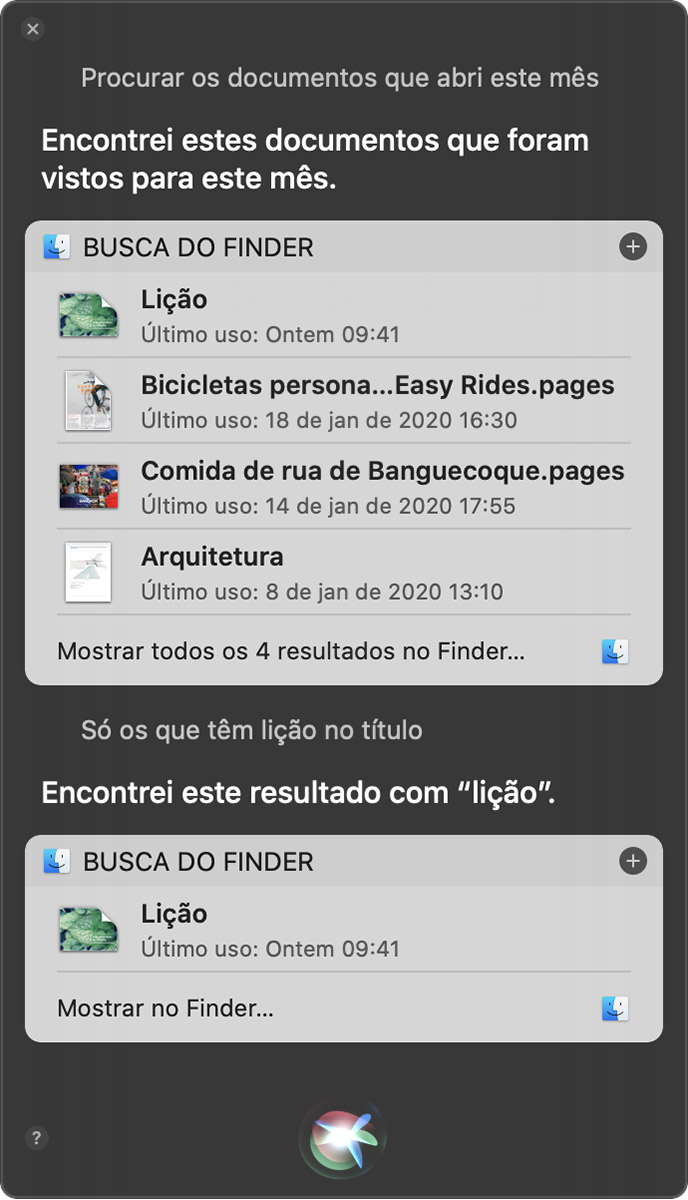 Siri mostrando os resultados da busca