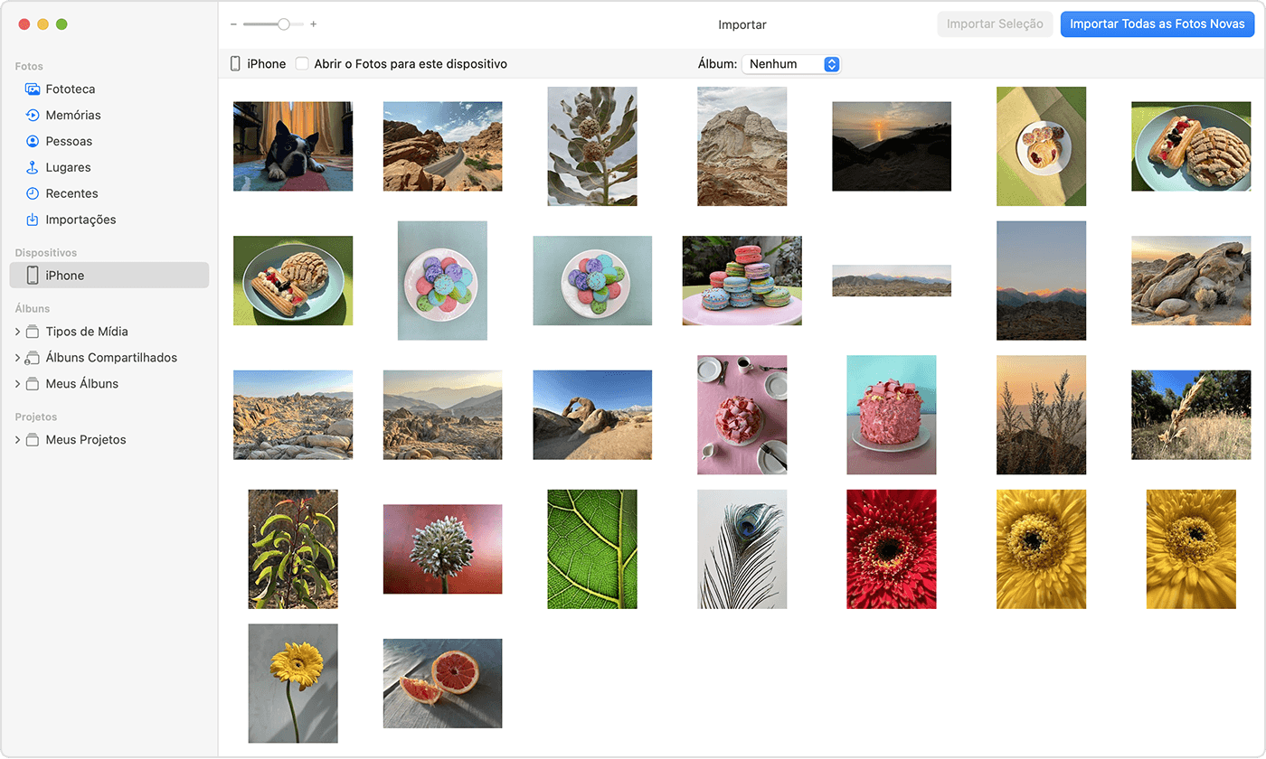 Tela do Mac mostrando as fotos disponíveis para importação