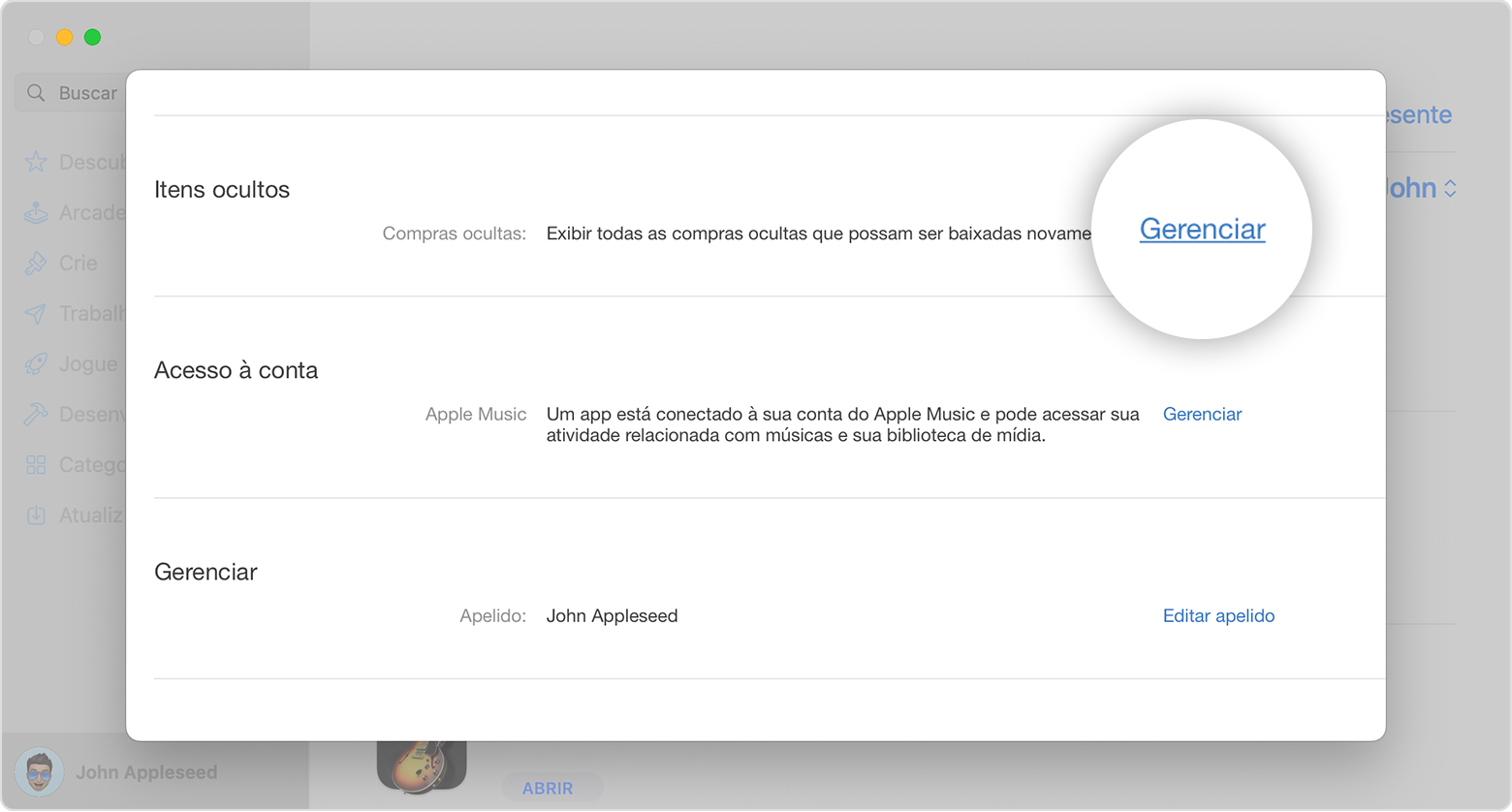 App Store no Mac mostrando a seção Itens ocultos na página de informações da conta. O botão Gerenciar está destacado na imagem.