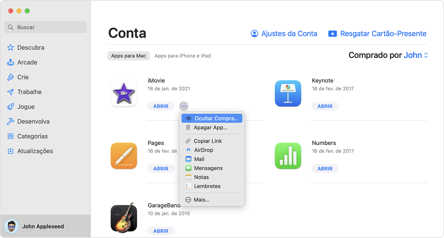App Store no Mac mostrando o menu exibido depois de clicar no botão Mais Opções. A opção Ocultar Compra está selecionada.