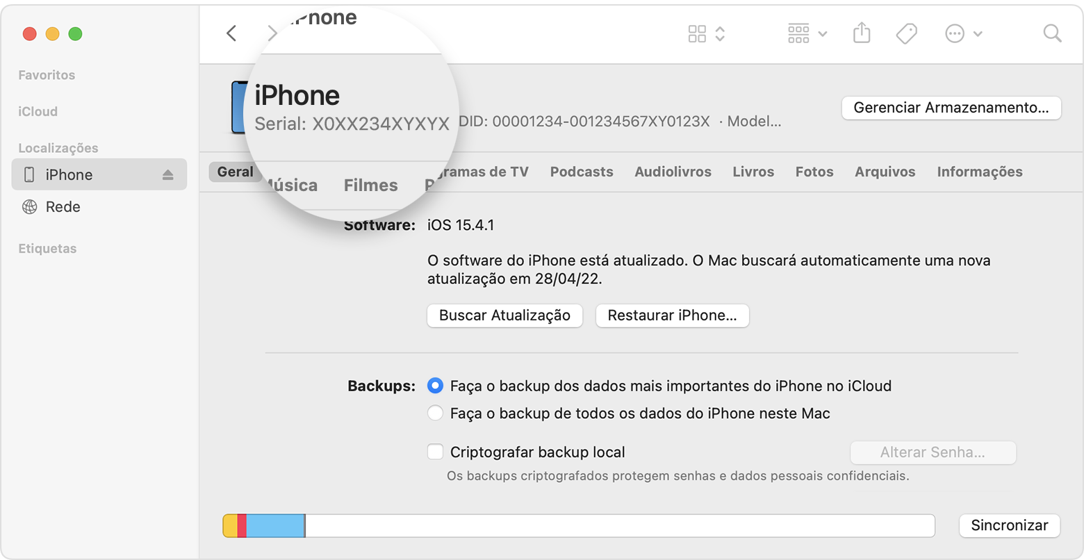 Captura de tela da janela do Finder mostrando o número de série do iPhone