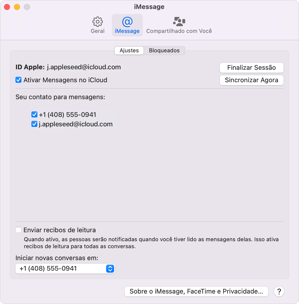 Tela de ajustes do iMessage do Mac com a opção Ativar Mensagens no iCloud selecionada