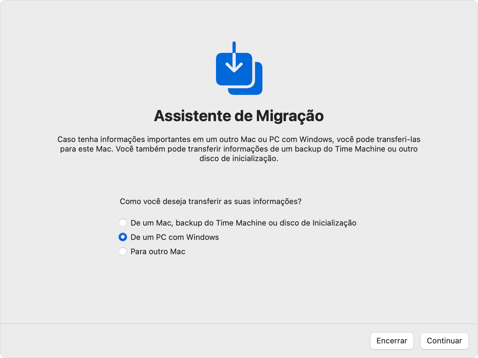 Transferência do Assistente de Migração do PC com Windows