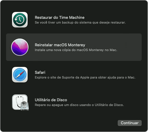 Opções de Recuperação do macOS com a opção 