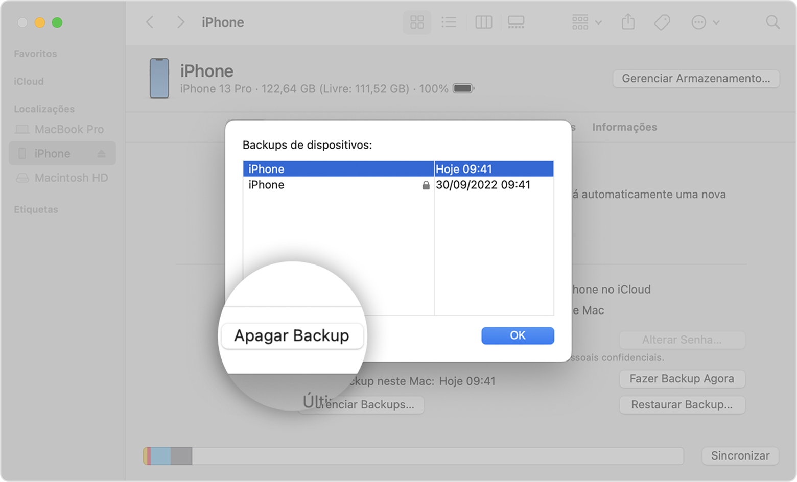 Tela do Mac mostrando como apagar backup
