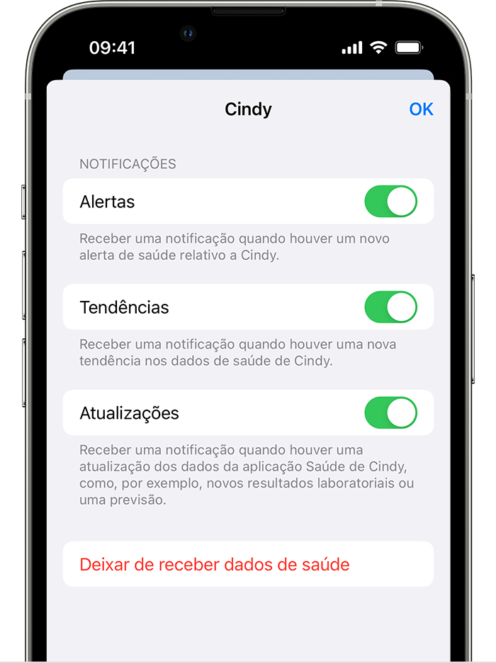 Ecrã do iPhone a mostrar as opções para desativar os Alertas, as Tendências ou as Atualizações ao partilhar dados de saúde com outra pessoa.