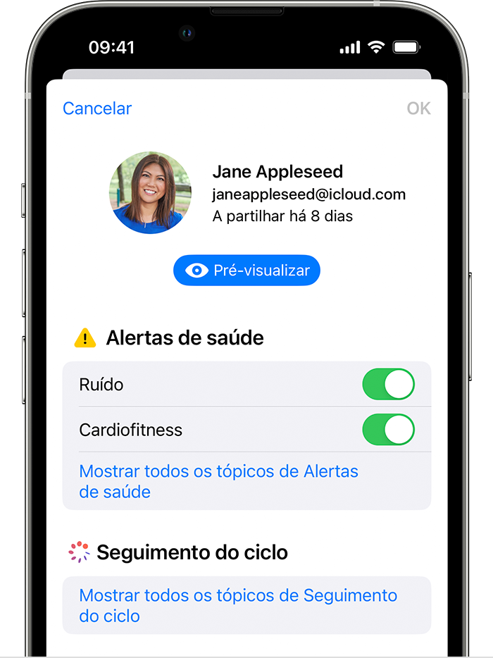 Ecrã do iPhone a mostrar os tópicos de saúde disponíveis que pode adicionar ou deixar partilhar.