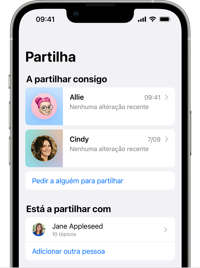 Ecrã do iPhone a mostrar o separador Partilha da app Saúde.