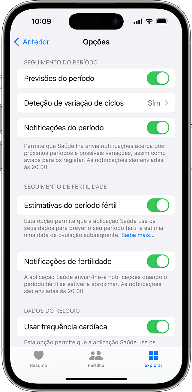 Opções da app Seguimento do ciclo para notificações de controlo do período e da fertilidade no iPhone