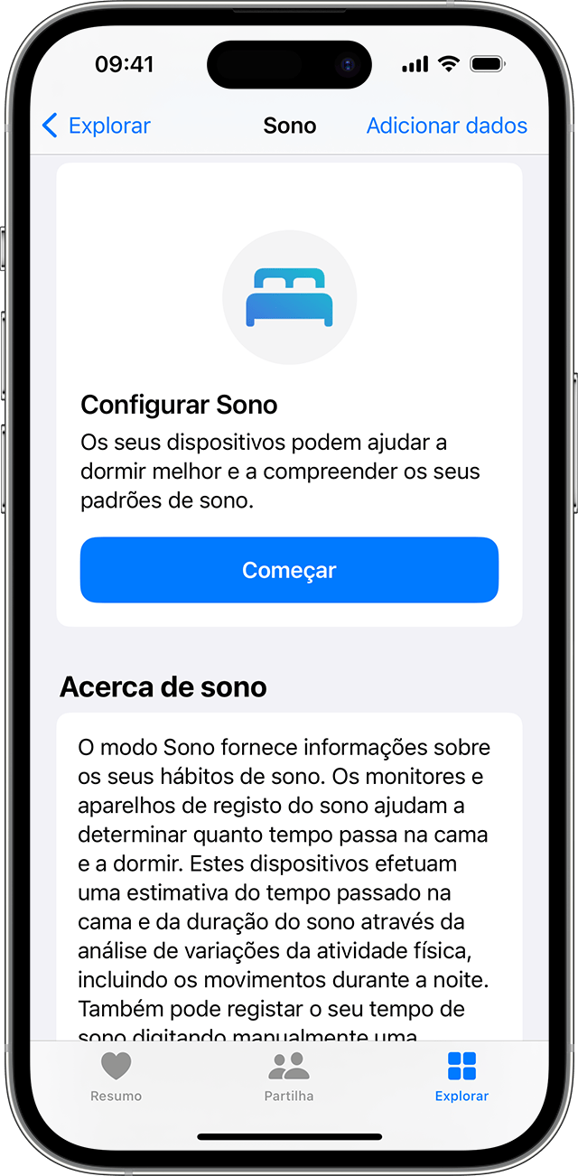 Um ecrã do iPhone a mostrar a opção Configurar o Sono